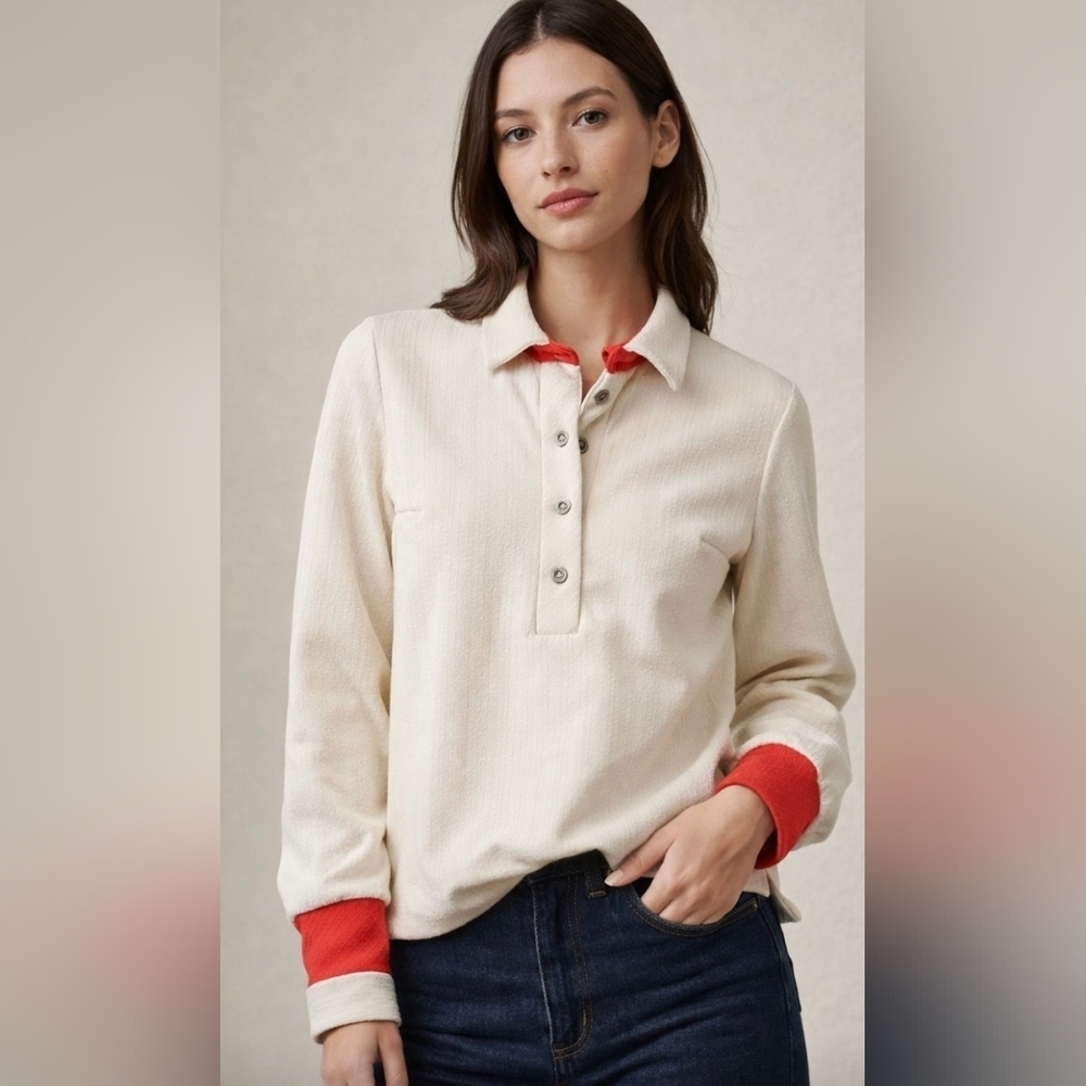 Nardis Of Dallas NWT Custom Tailored Women's Cream Blouse Red Accents PTP 18 - Picture 1 of 7